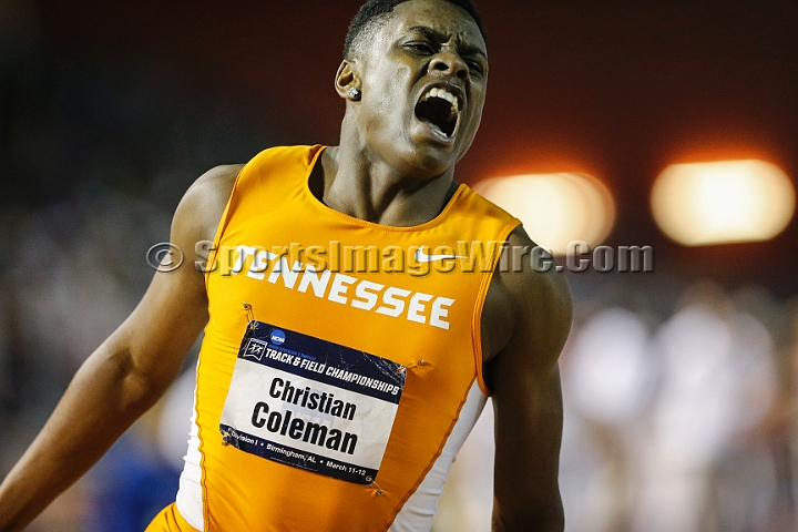 2016NCAAIndoorsSat-0117.JPG - Christian Coleman of Tennessee reacts after winning the 200m in 20:55 during the NCAA Indoor Track & Field Championships Saturday, March 12, 2016, in Birmingham, Ala. (Spencer Allen/IOS via AP Images)